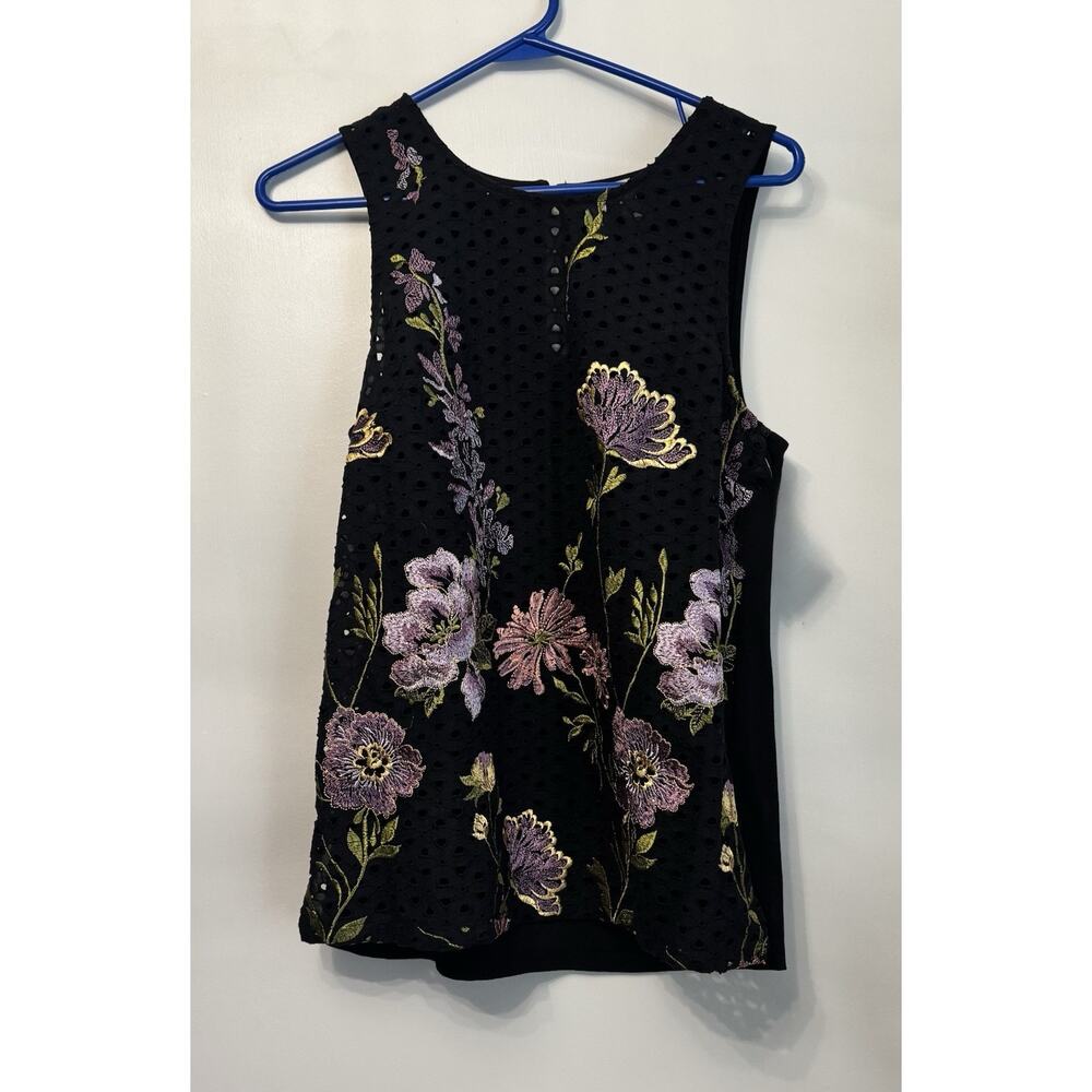Meadow Rue Anthropologie Embroidered Eyelet Shell Tank Top S Black Purple Floral